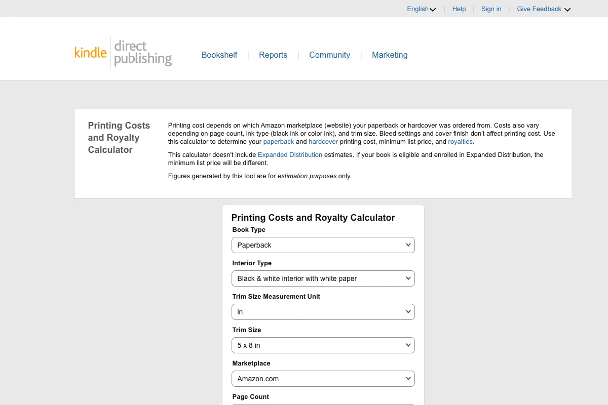 KDP Printing Costs and Royalty Calculator showing inputs for book type, page count, and list price