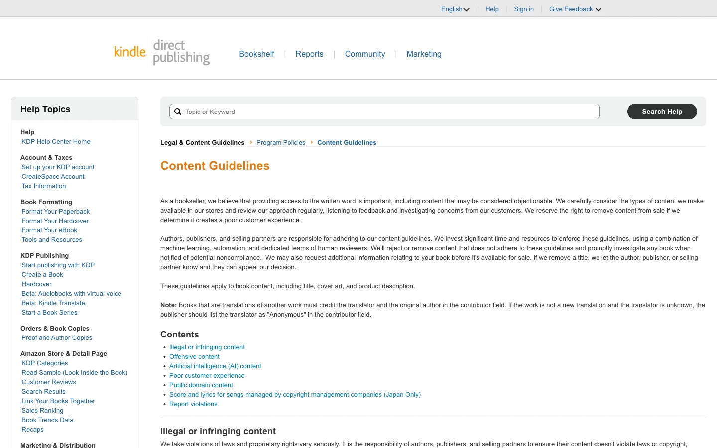 Amazon KDP Content Guidelines help page showing the definitions of AI-generated versus AI-assisted content and the disclosure requirement