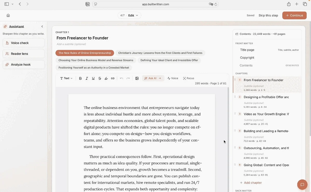 A drafted chapter in the Built&Written editor with the voice check panel open in the sidebar