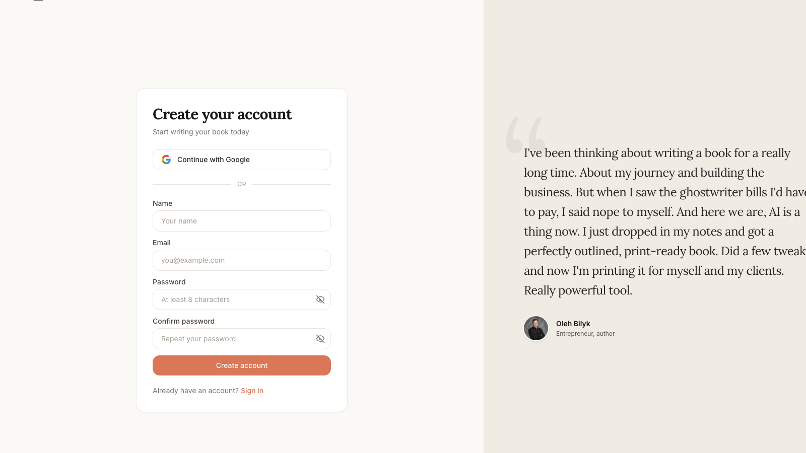 Built&Written sign-up screen next to a customer testimonial from an entrepreneur who used AI instead of a ghostwriter