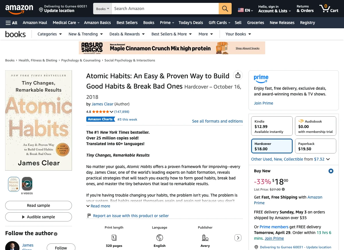 Atomic Habits by James Clear on Amazon: 320 pages, over 25 million copies sold