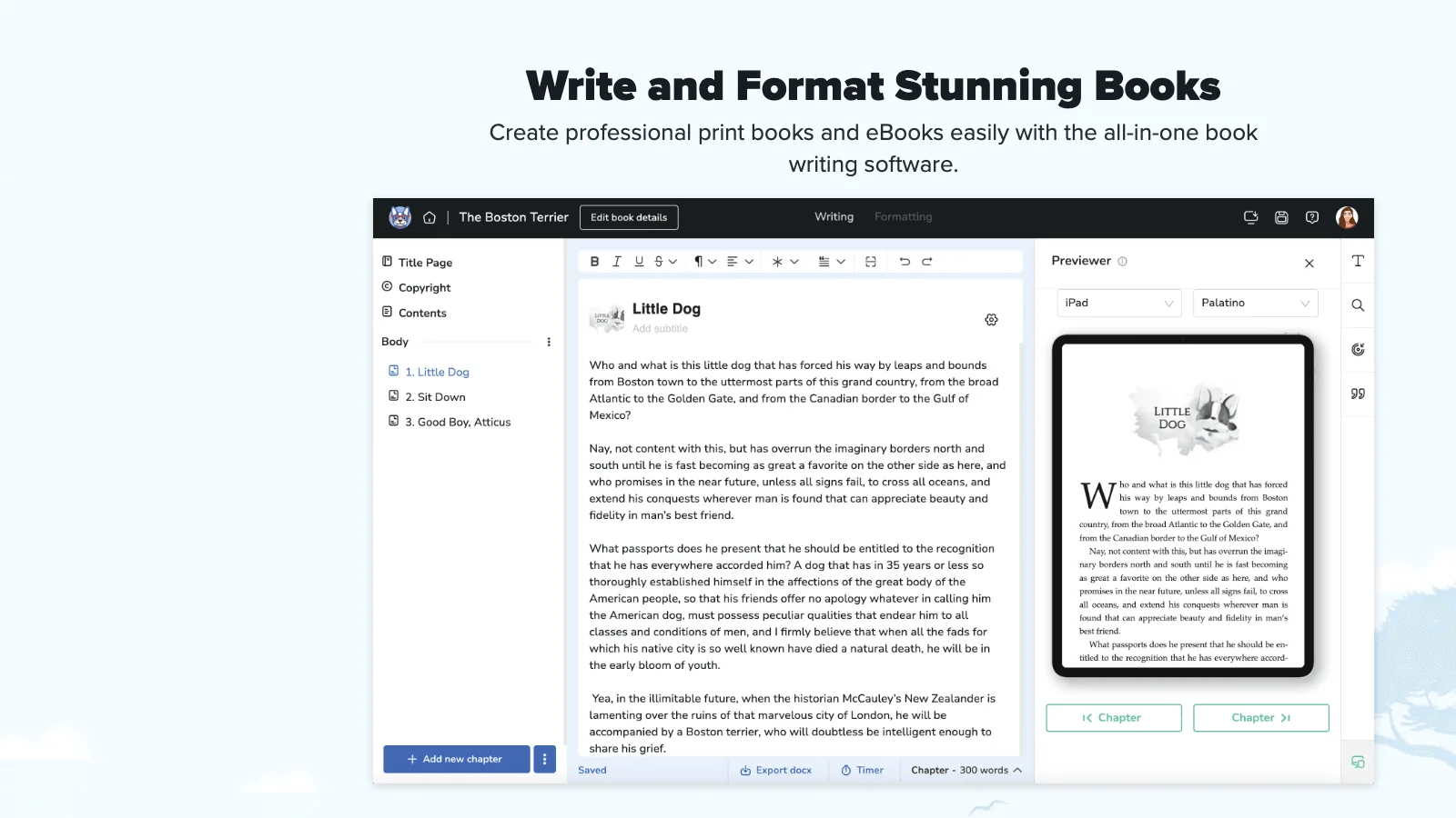 Atticus homepage showing book formatting interface