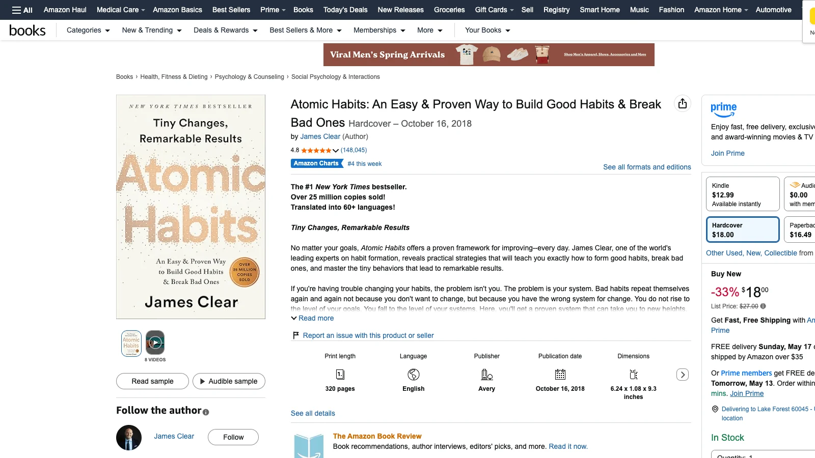 Atomic Habits Amazon listing