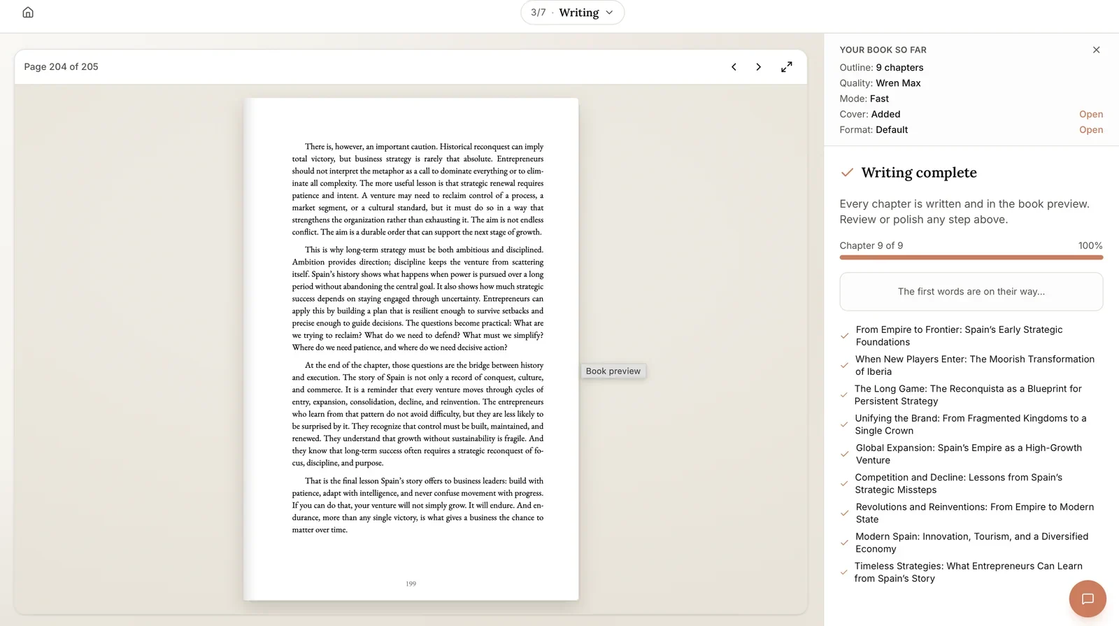 A completed chapter list and formatted book preview inside Built&Written before export.