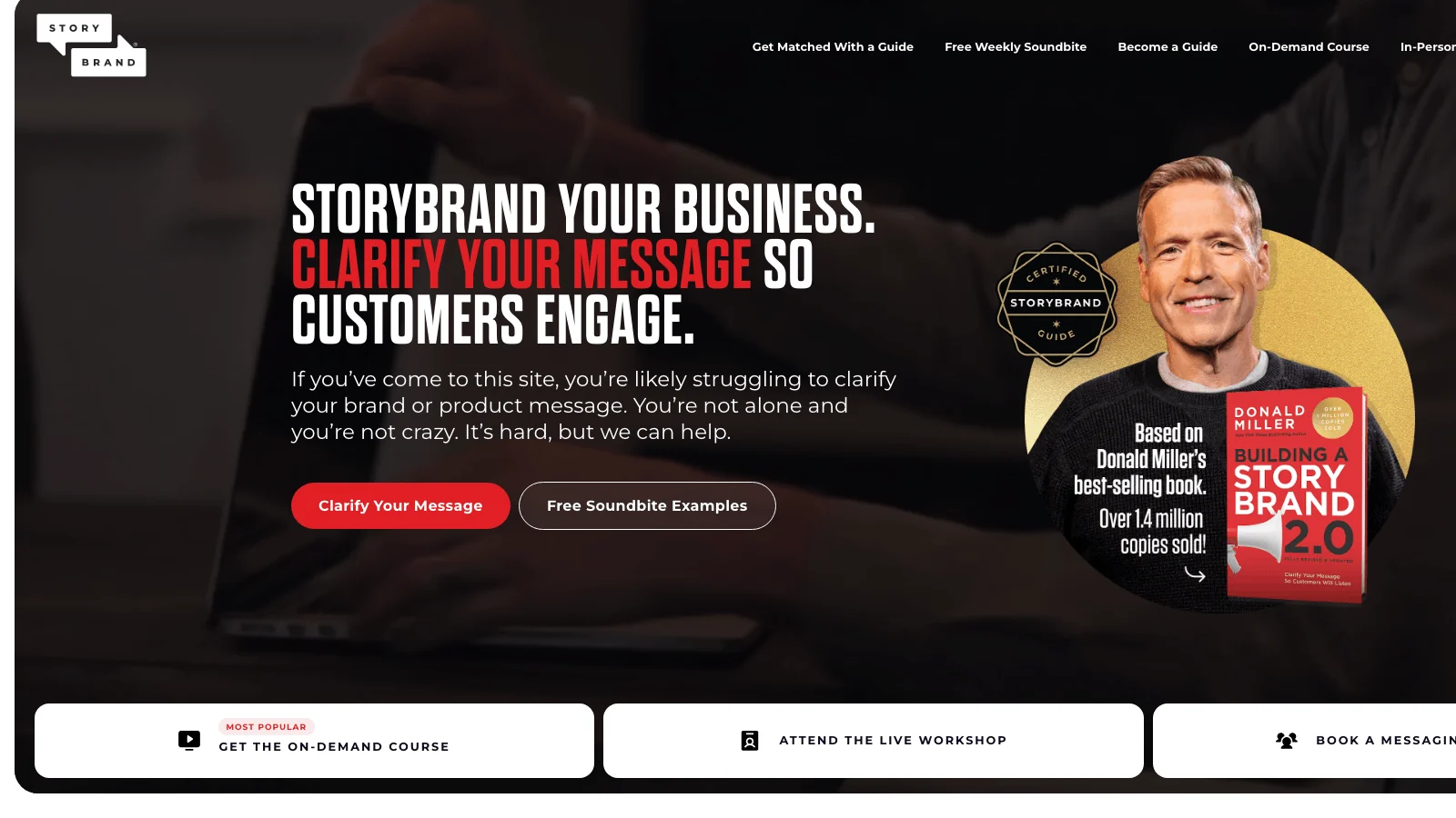 StoryBrand homepage by Donald Miller showing his certification network and keynote speaking offering