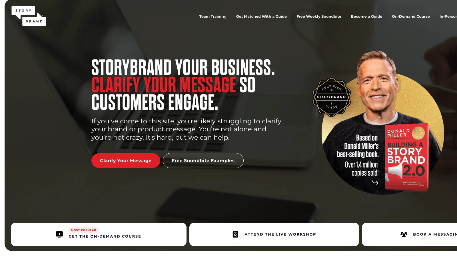 StoryBrand homepage featuring Donald Miller's Building a StoryBrand book