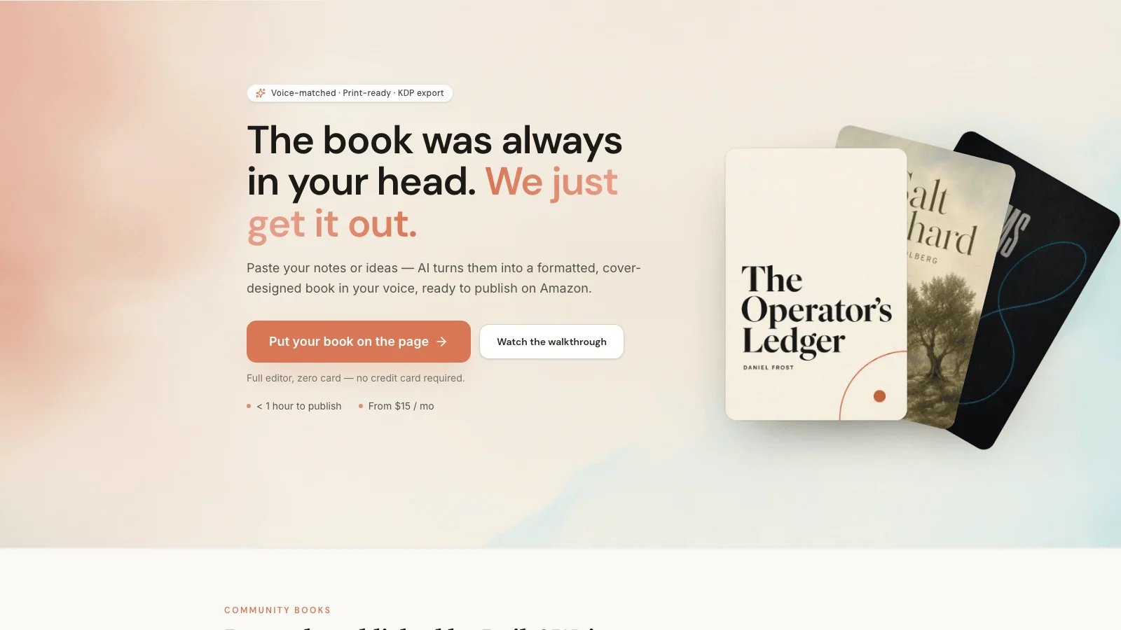 Built&Written editor homepage showing the integrated book assembly tool