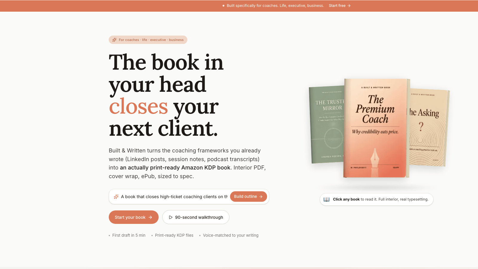 Built&Written /coaches landing page with the headline 'The book in your head closes your next client' showing three sample book covers including The Premium Coach and The Trusted Mirror.