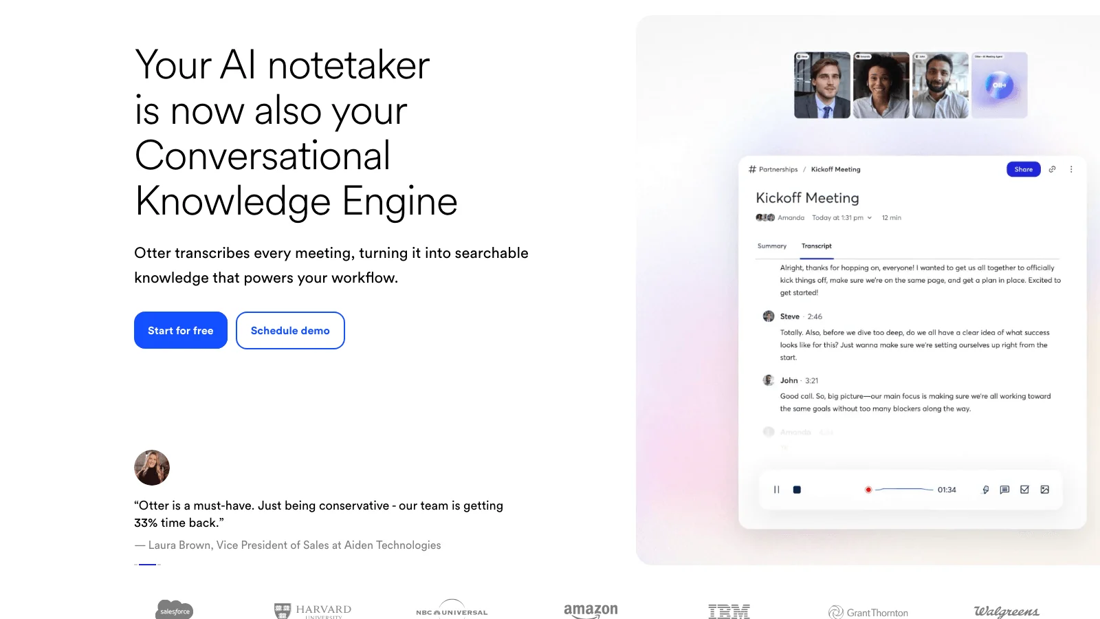 Otter.ai homepage showing an AI notetaker capturing a meeting transcript with summary and key topics in a side panel.