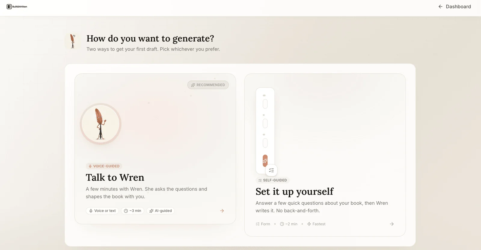 Built&Written workflow choice screen offering voice-guided Talk to Wren or self-guided setup