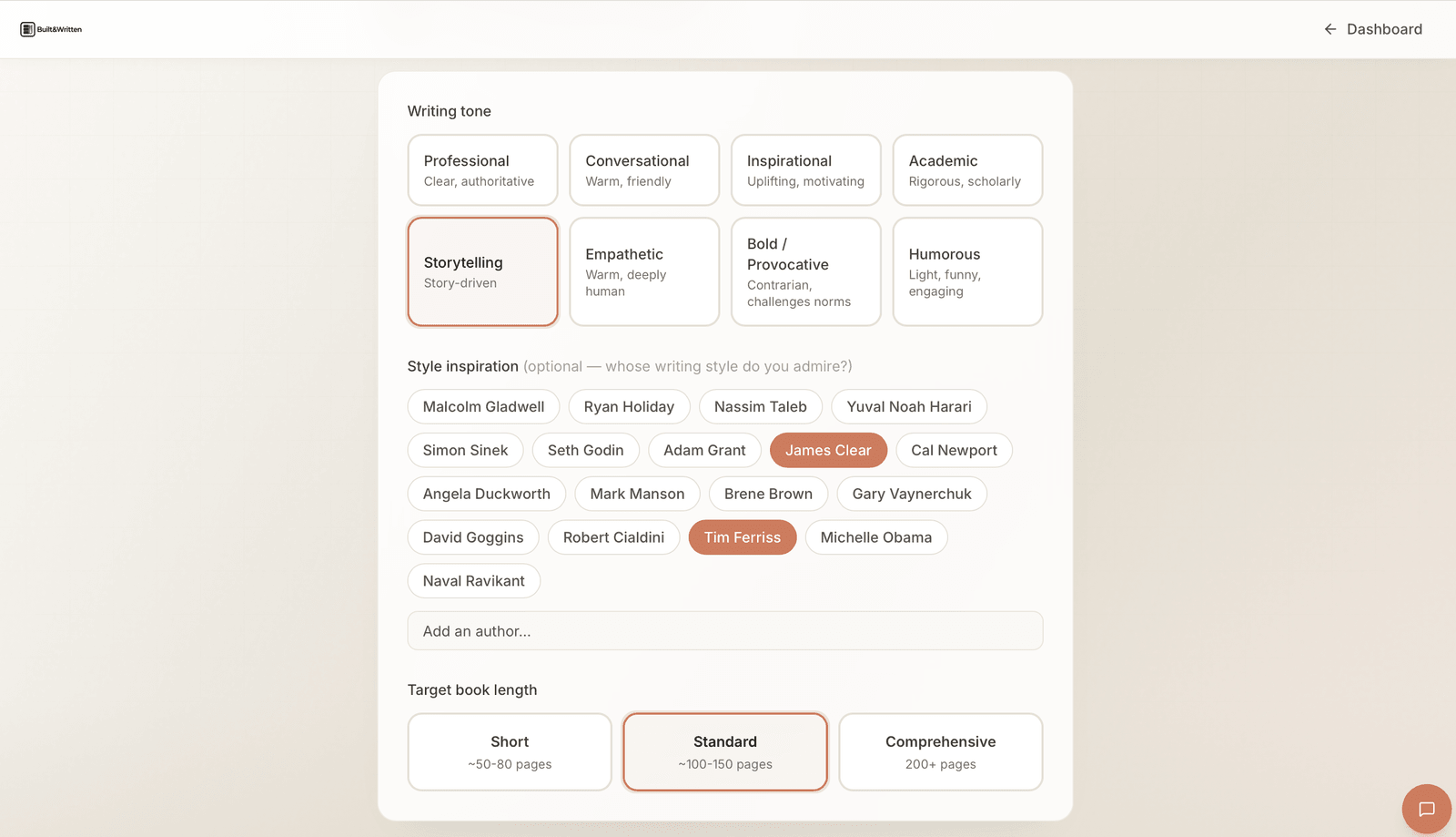 Voice setup screen with writing tone options, style inspiration authors, and target book length
