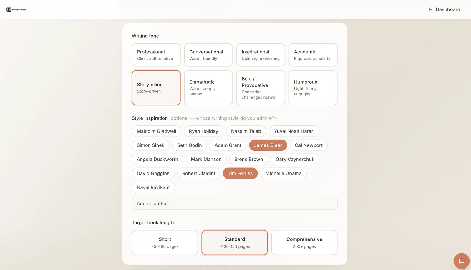Voice setup screen with writing tone options, style inspiration authors, and target book length