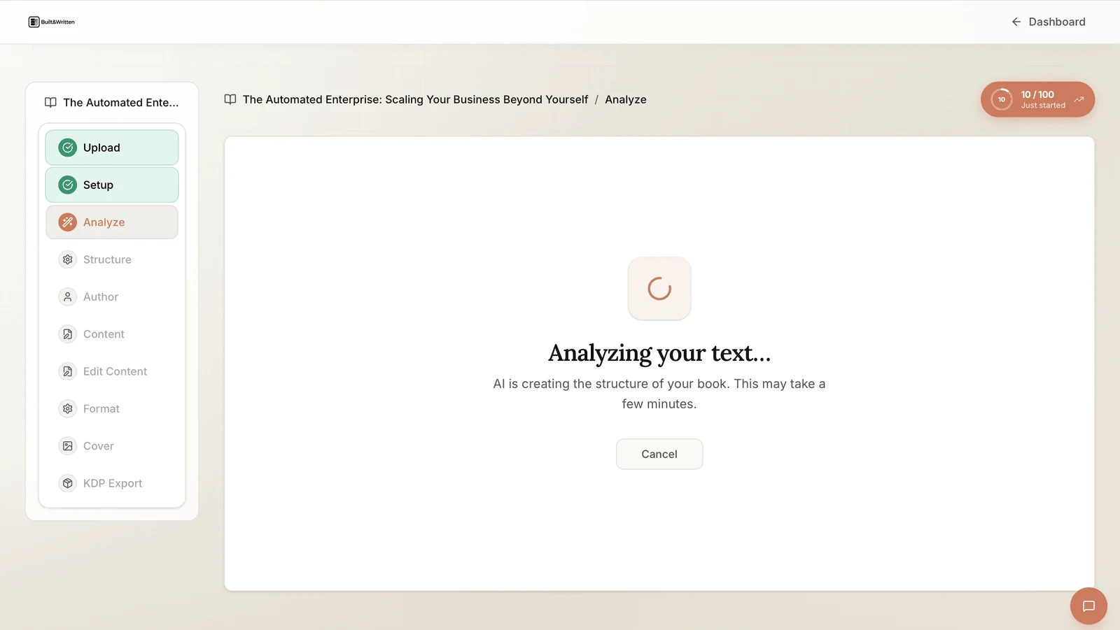 Analyze step in Built&Written reading uploaded text to create the book structure
