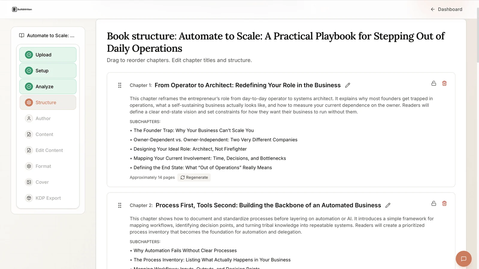 Book structure editor showing draggable chapters with subchapters and a regenerate option