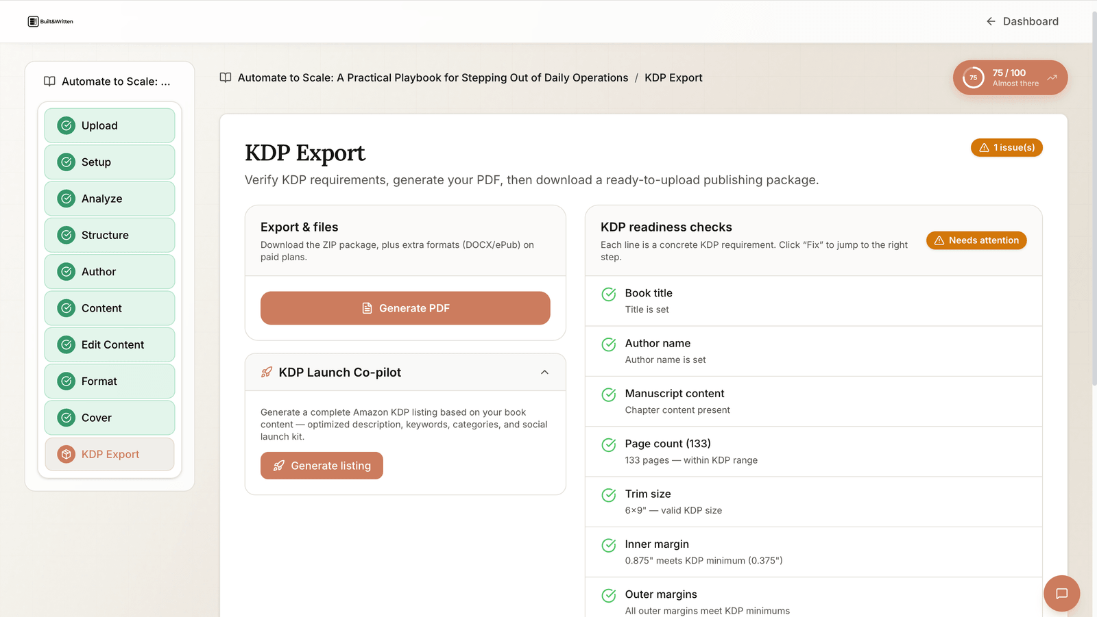 KDP Export screen with readiness checks for title, page count, trim size, and margins