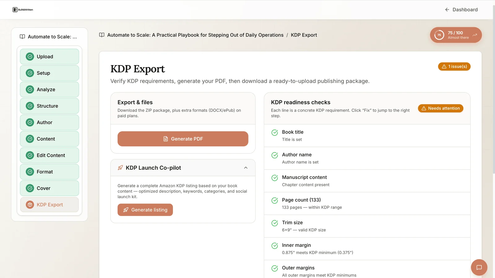 KDP Export screen with readiness checks for title, page count, trim size, and margins