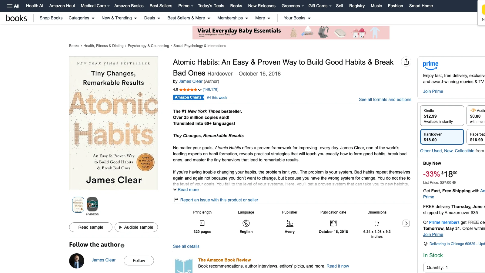 Amazon product detail page for Atomic Habits showing ISBN, page count, language, and publisher fields under the listing.