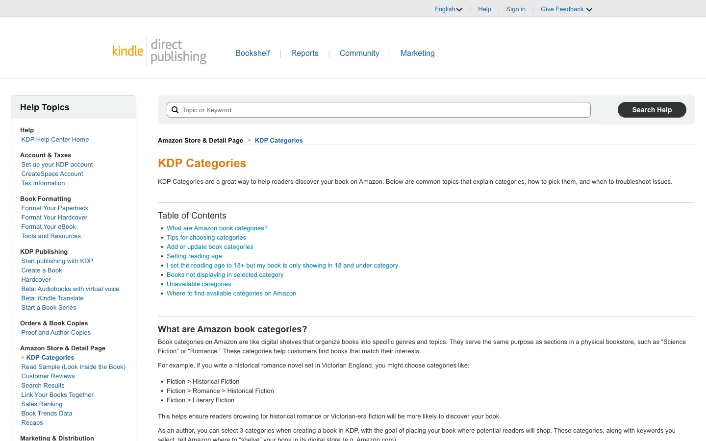 The Amazon KDP category selector showing the hierarchical browse-path interface where authors pick category, subcategory, and placement