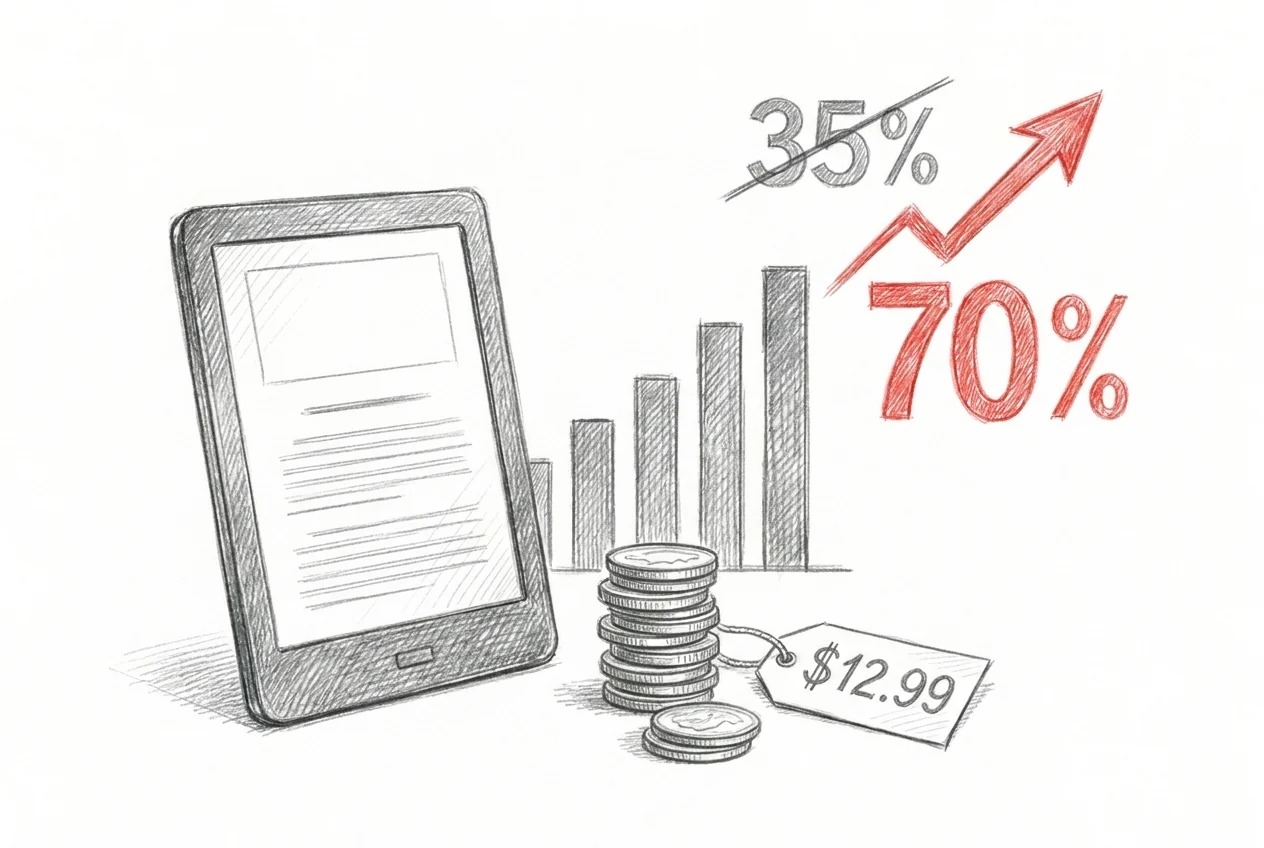 Pencil sketch of an e-reader, a stack of coins and a $12.99 price tag, with 35% crossed out and a red 70% rising