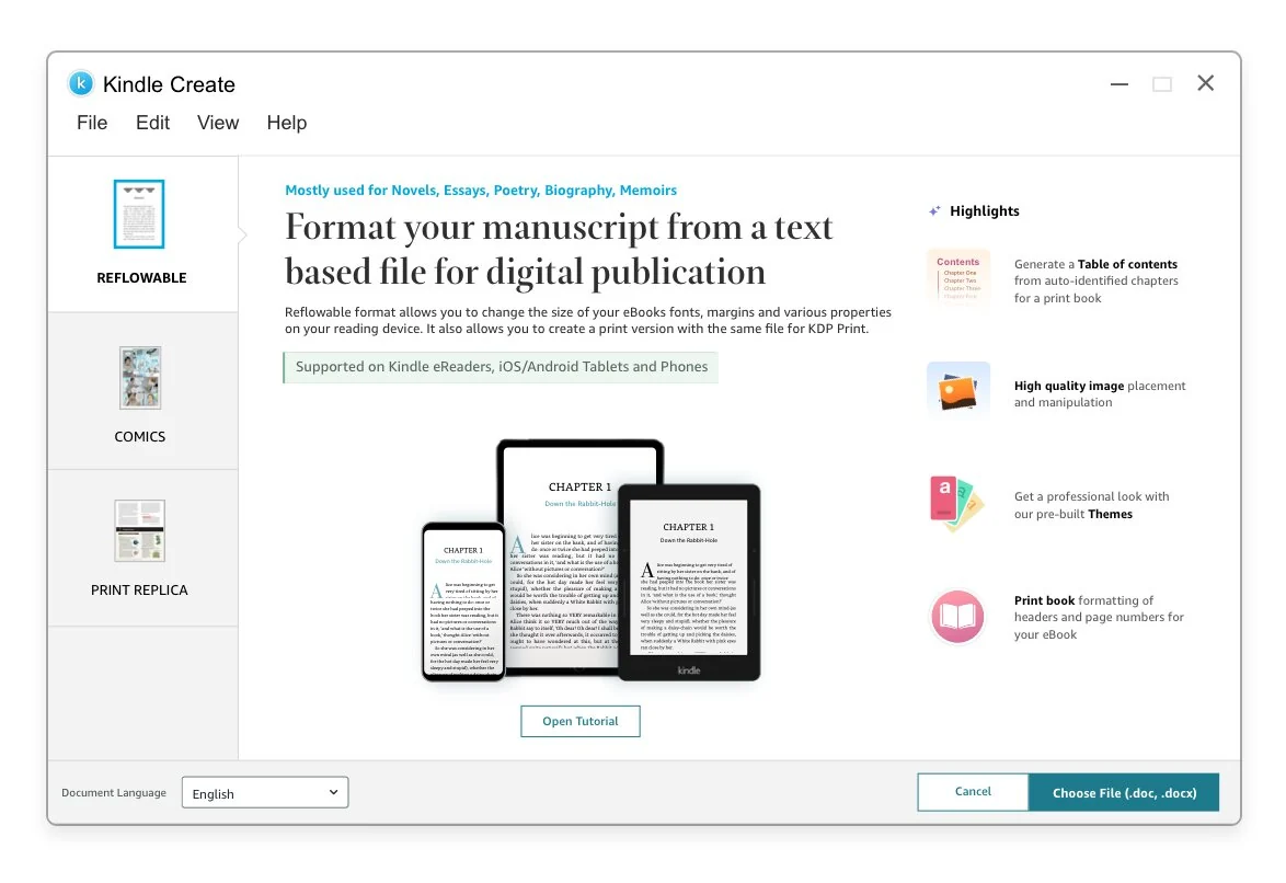 Kindle Create's import screen showing the option to format a manuscript from a text-based file for digital publication