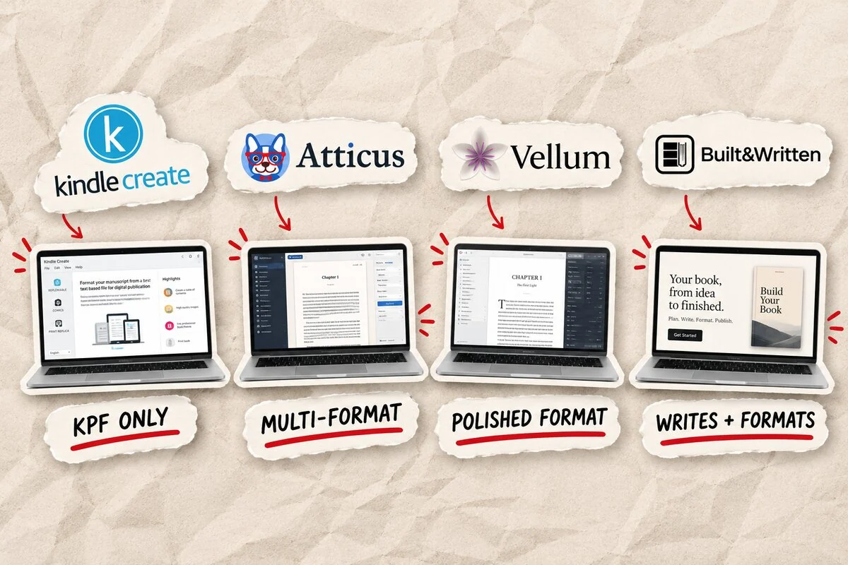 Kindle Create, Atticus, Vellum, and Built&Written compared side by side by what each one exports
