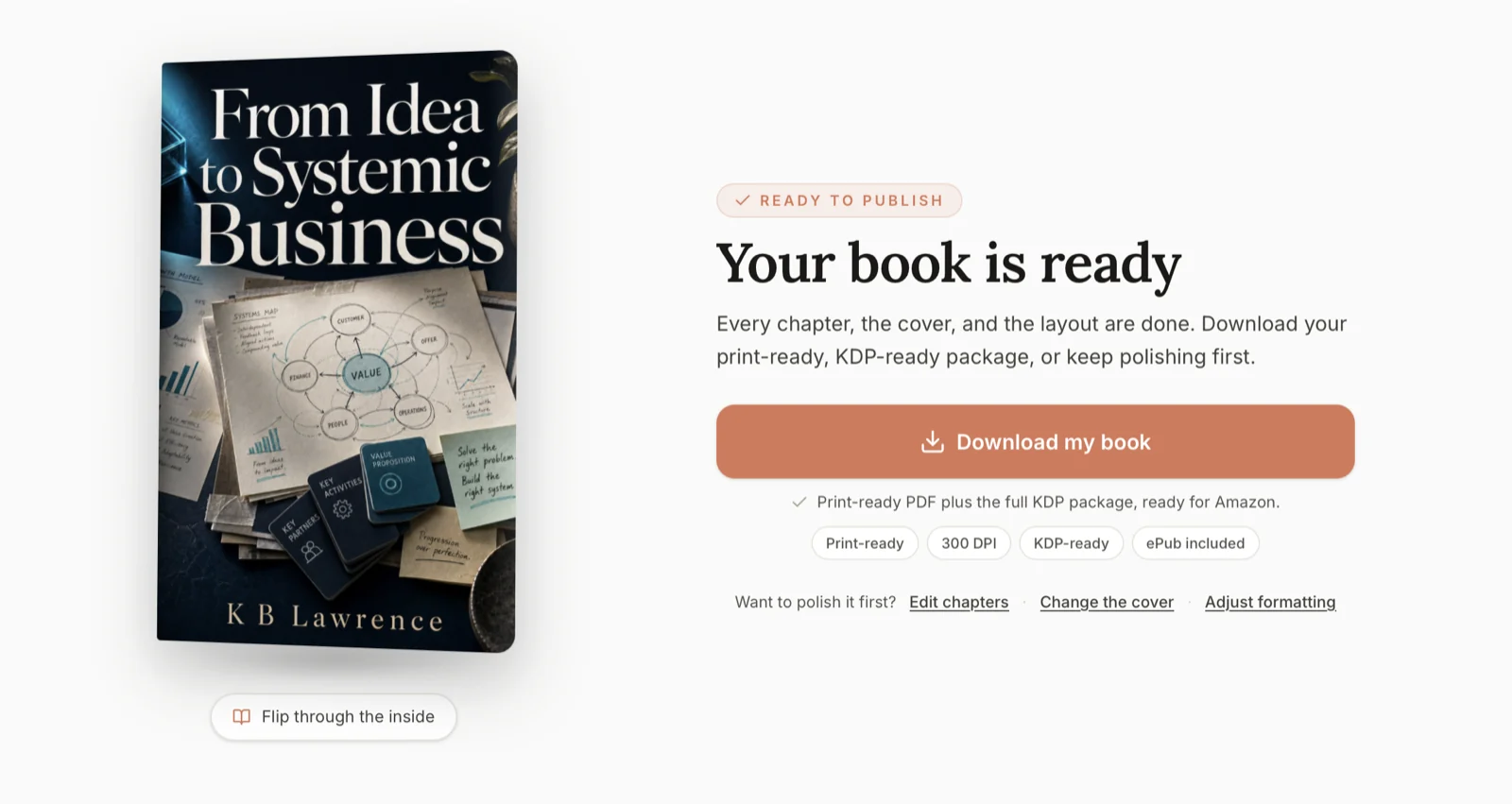 Built&Written's book completion screen showing a finished book with its cover, marked ready to publish, with a download button for the print-ready KDP package