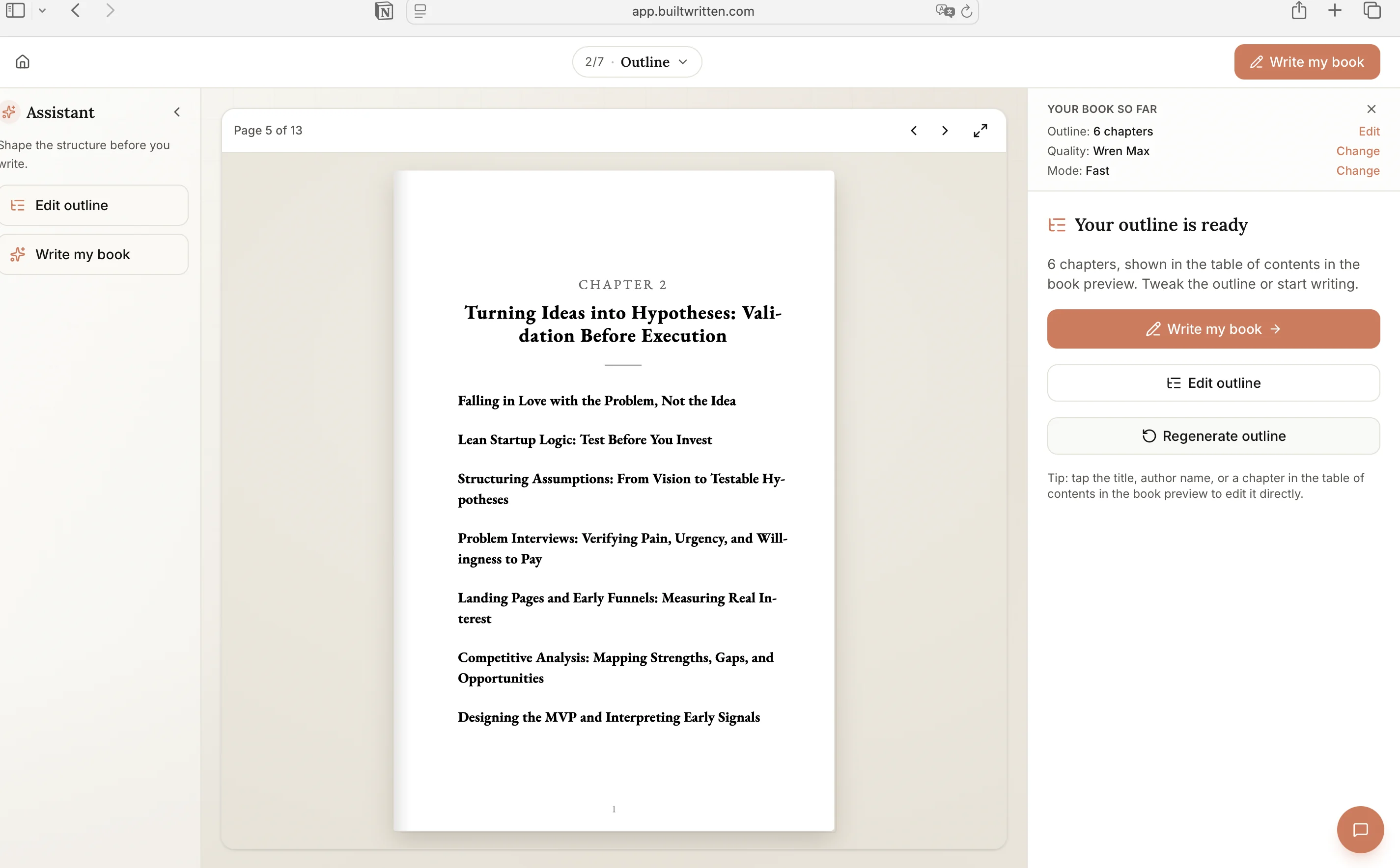 Wren turning a founder's own material into a structured outline in real time.