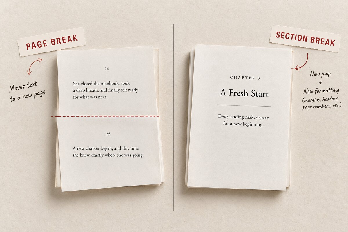 A page break moving text to a new page beside a section break that also starts new formatting for margins, headers, and numbering
