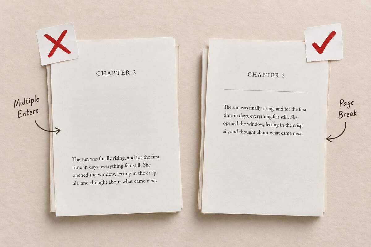 Wrong: a chapter heading pushed down with repeated Enter presses. Right: a real page break anchored to the same spot