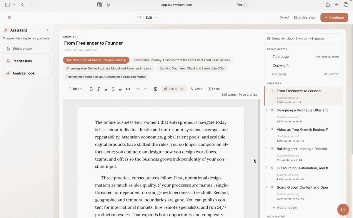 Built&Written's editor with chapter structure, word counts, and page numbers kept in sync in the right-hand panel