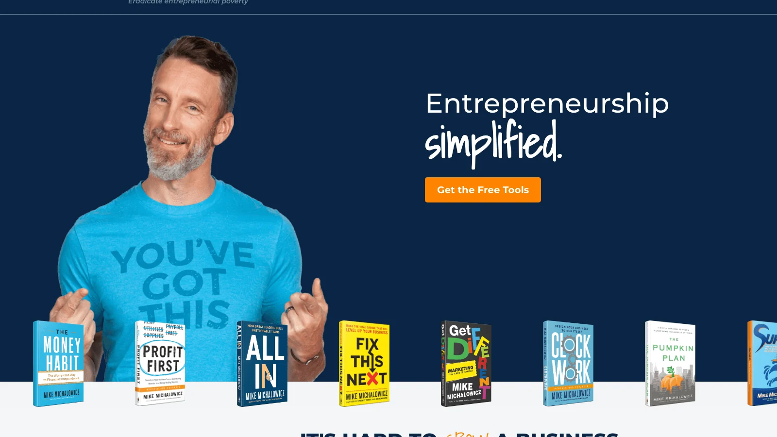 Mike Michalowicz author site showing the full book catalog (Profit First, All In, Fix This Next, Clockwork) anchoring a single coherent personal brand