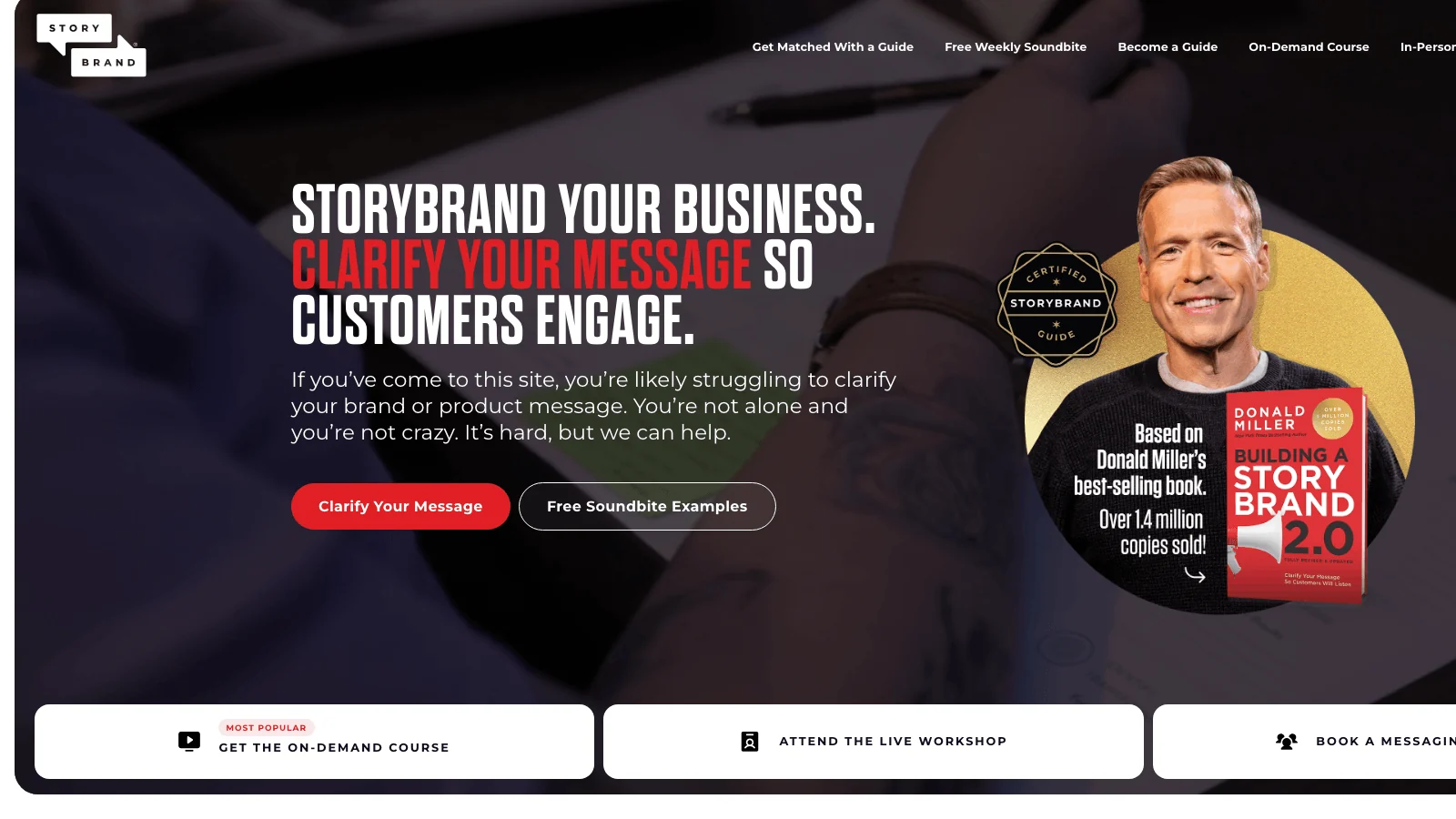 StoryBrand website by Donald Miller as an example of Layer 5 Pull compounding over time from a positioning asset