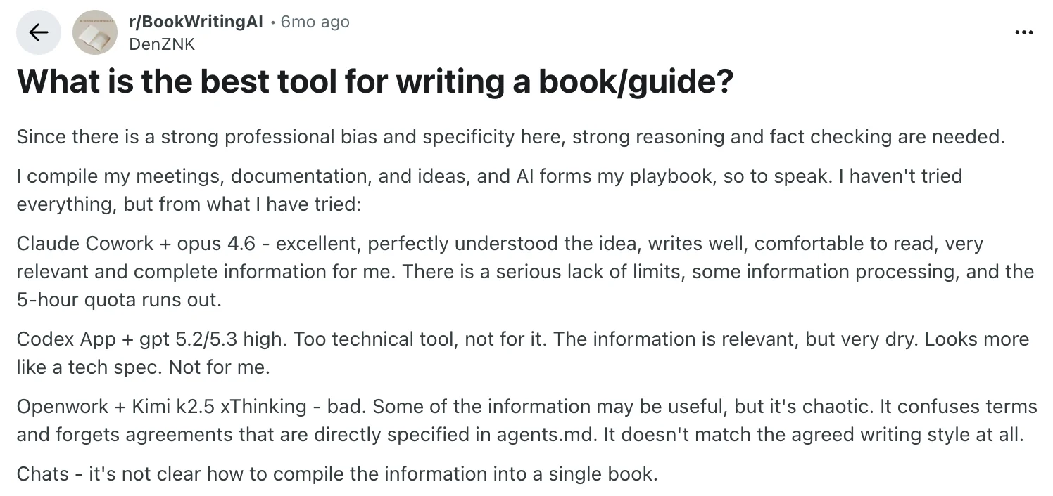 Reddit thread in r/BookWritingAI comparing AI tools for writing a book or professional guide from meetings and documentation