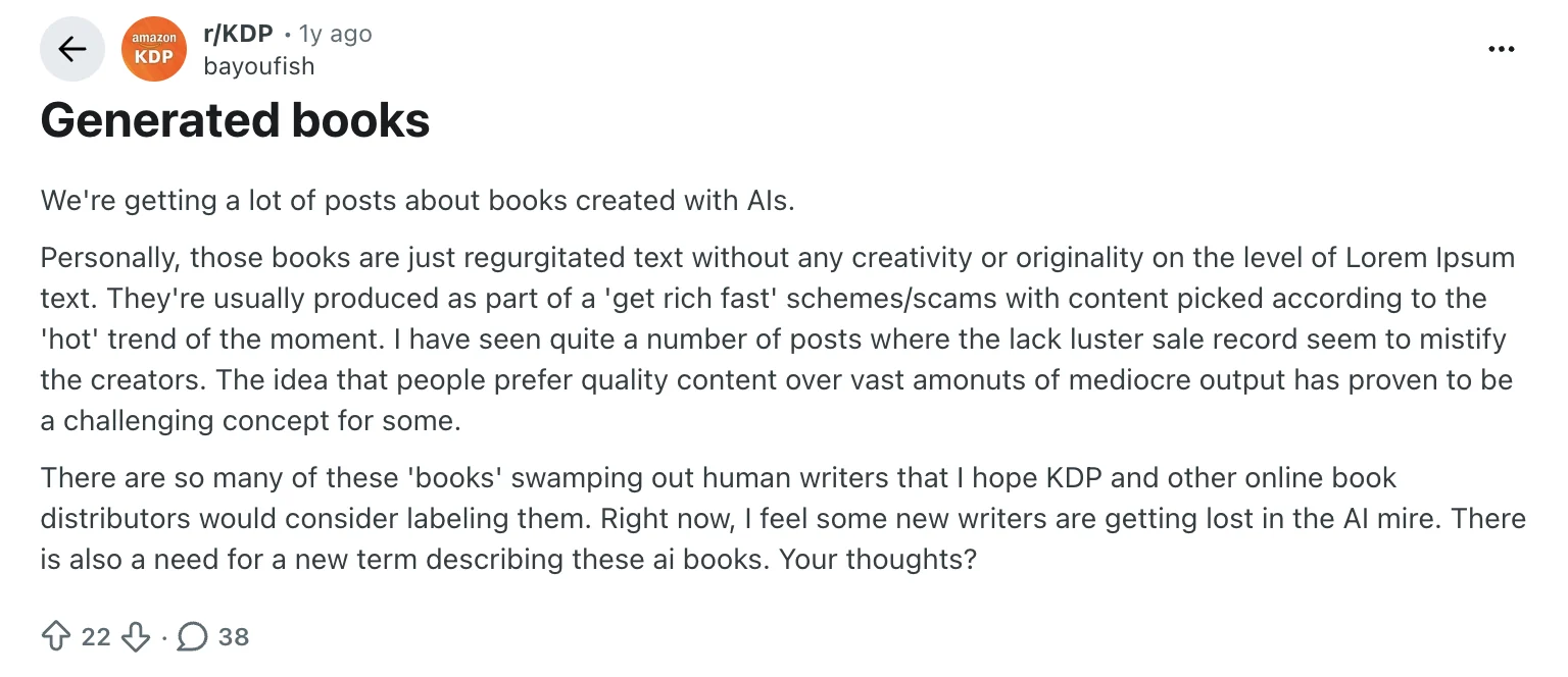 Reddit thread in r/KDP titled Generated books, criticizing low-effort AI-generated books flooding KDP