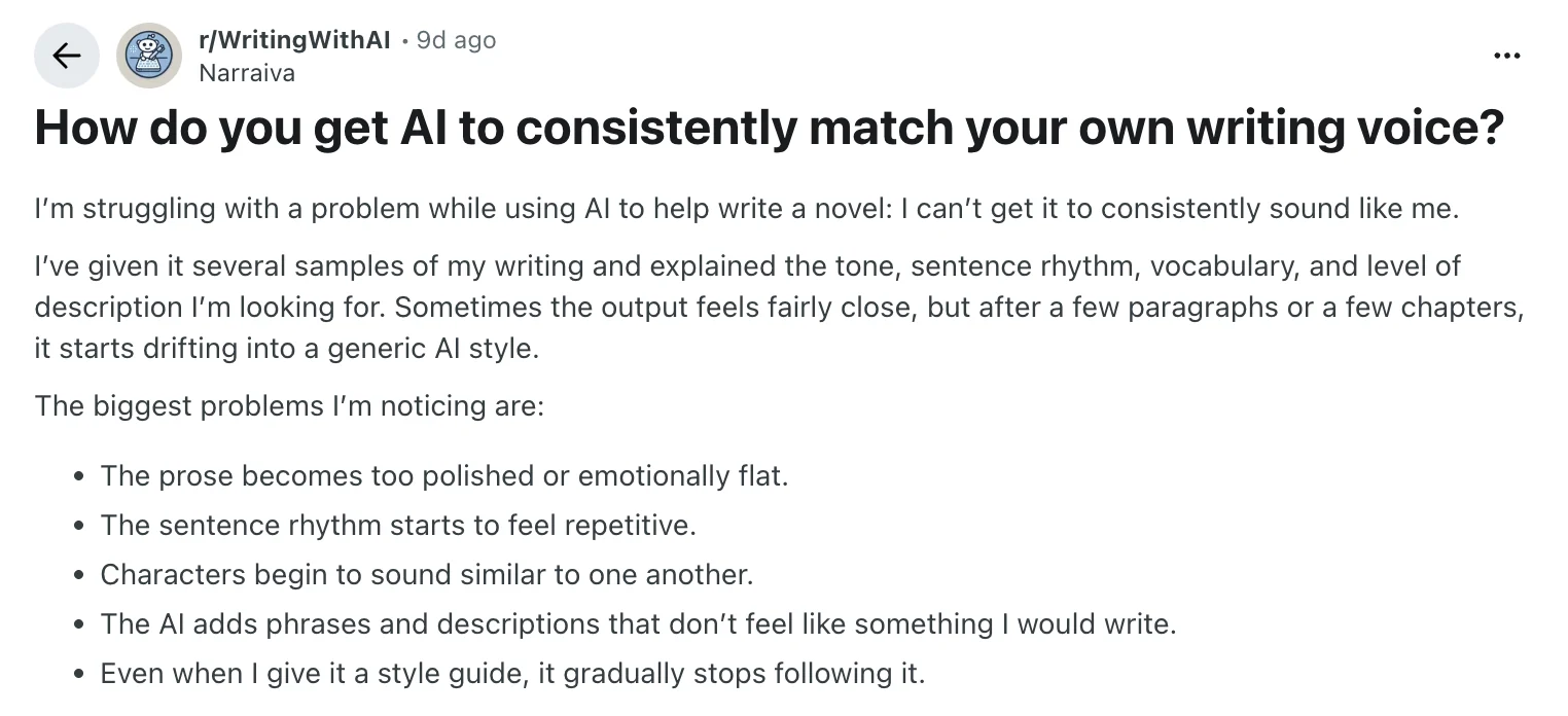 Reddit thread in r/WritingWithAI asking how to get AI to consistently match your own writing voice