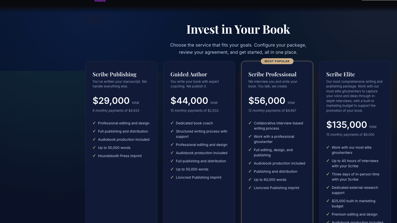 Scribe Media pricing page showing four packages from $29,000 to $135,000 for ghostwriting and publishing in 2026