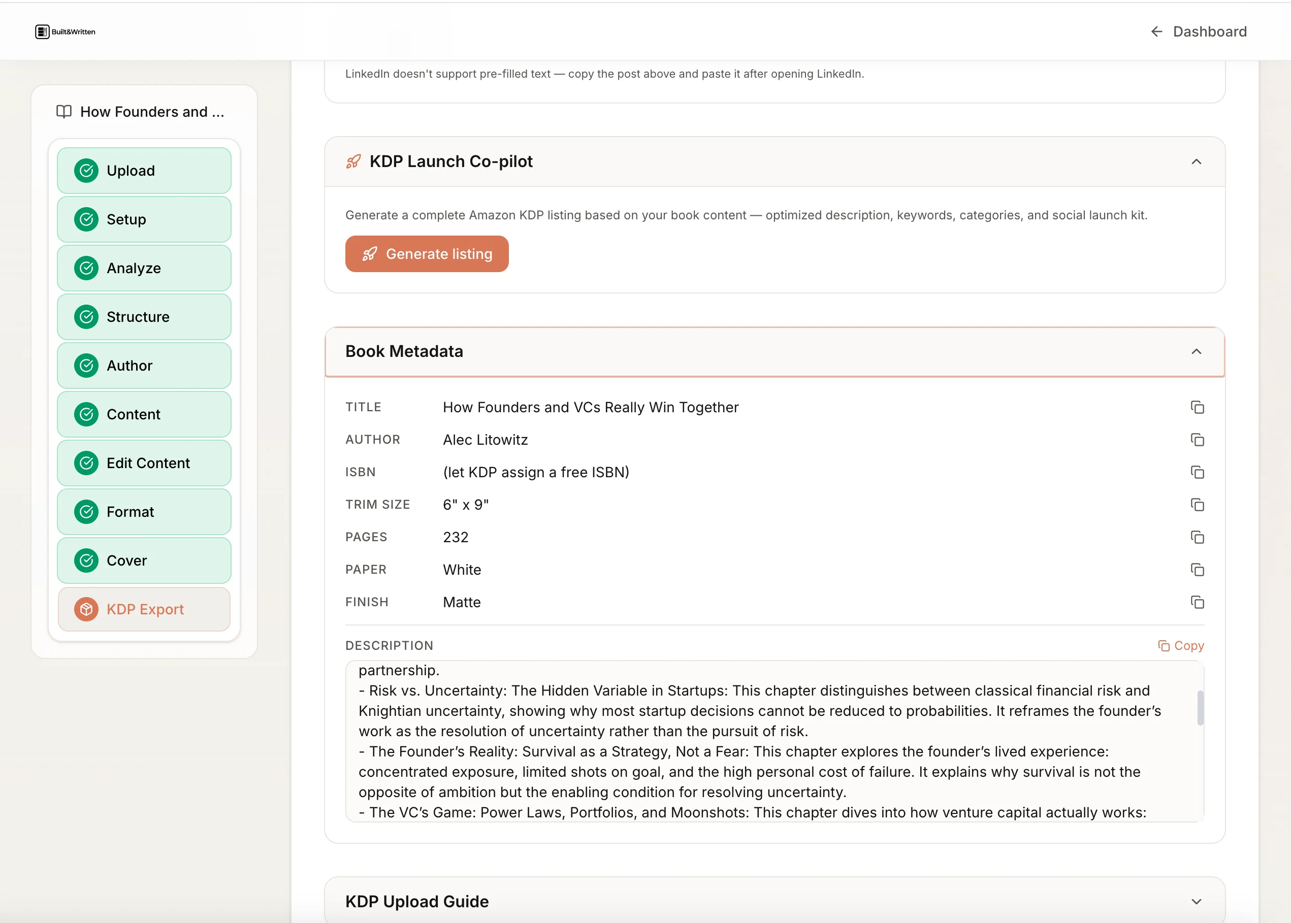 Built&Written: book metadata view with title, author, ISBN, trim size, page count, and description