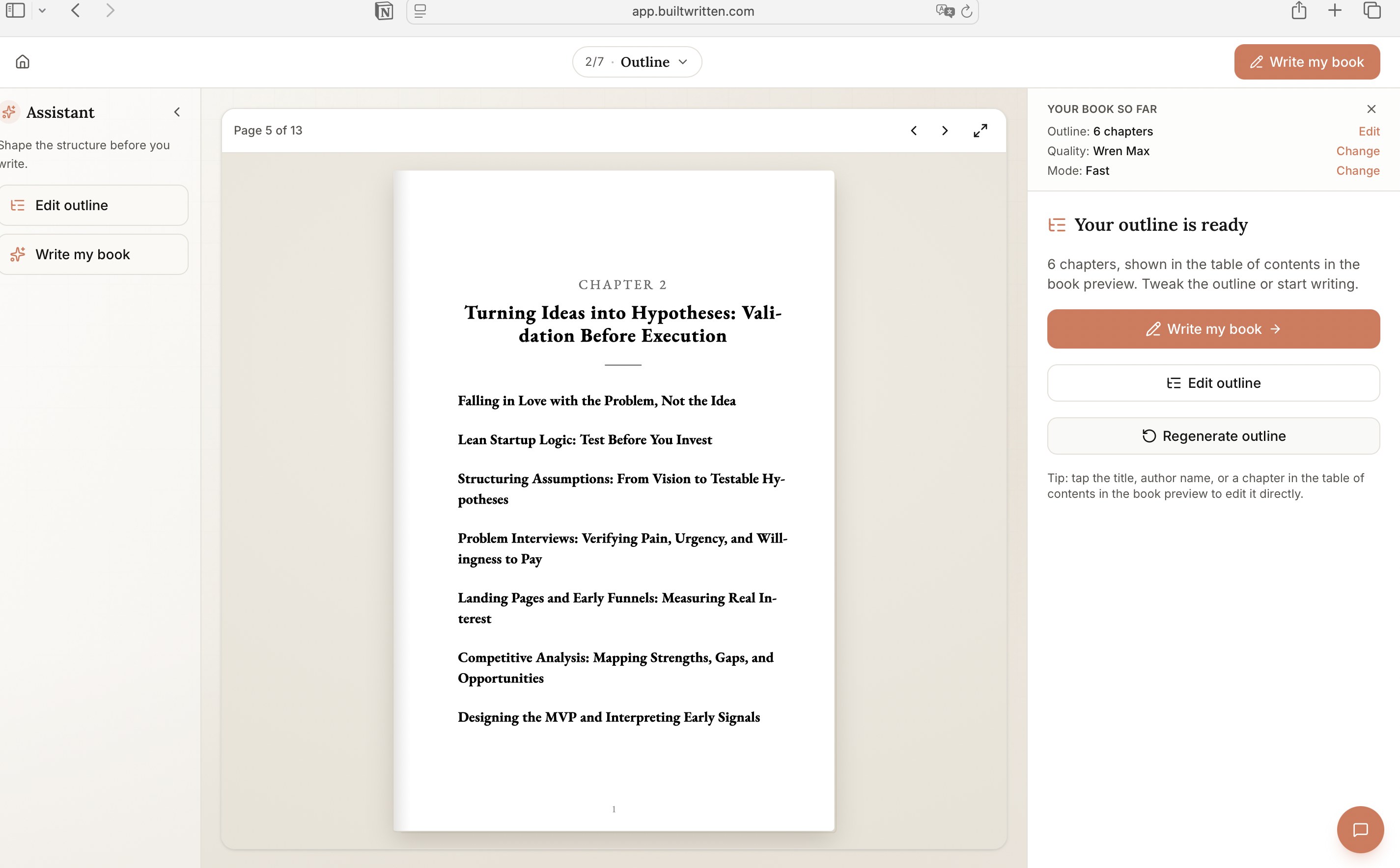 Wren's outline step in Built&Written, showing a chapter outline and edit panel built from written notes with no recorded audio