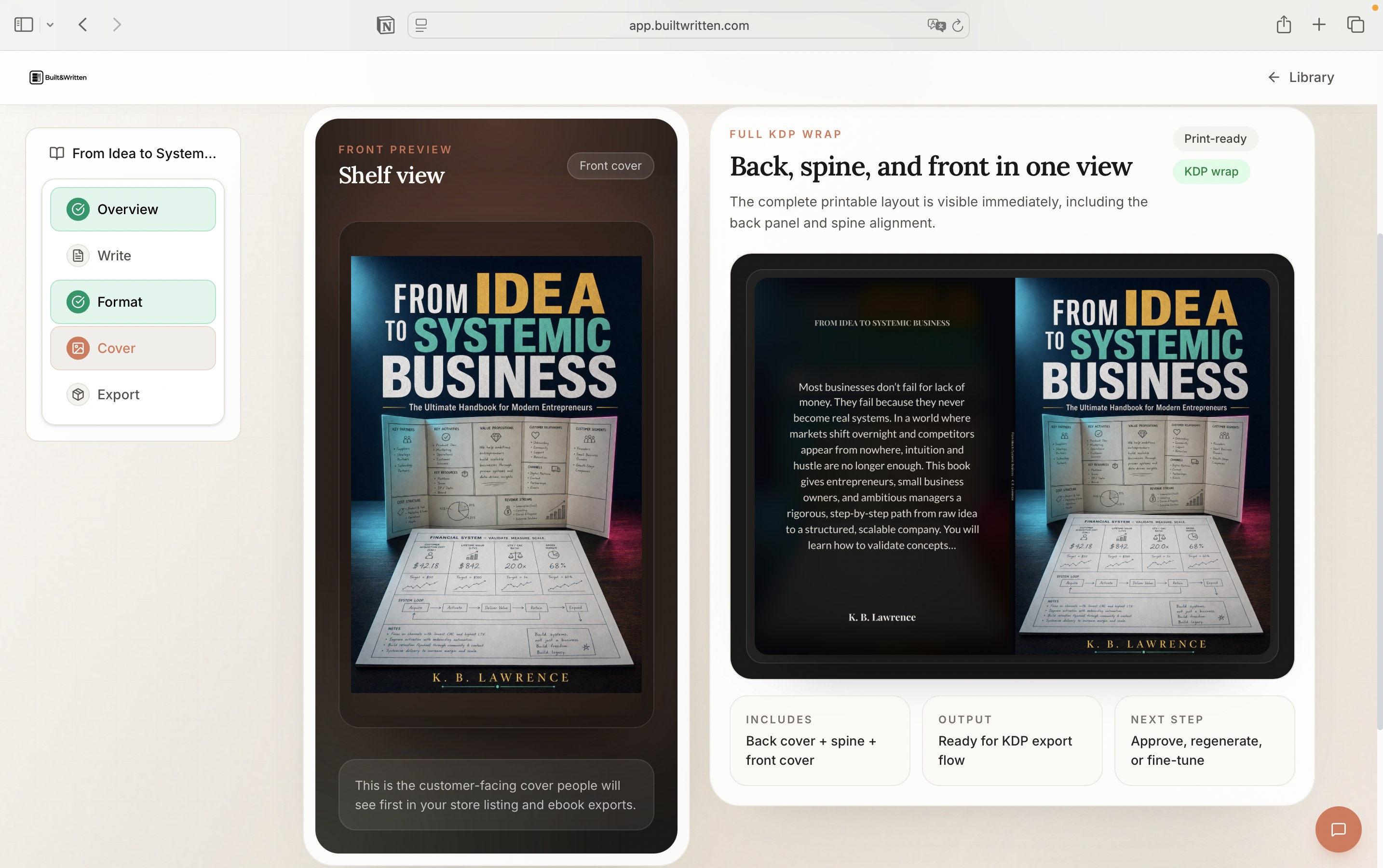 A finished print-ready book cover and full KDP wrap generated in Built&Written, including back panel and spine