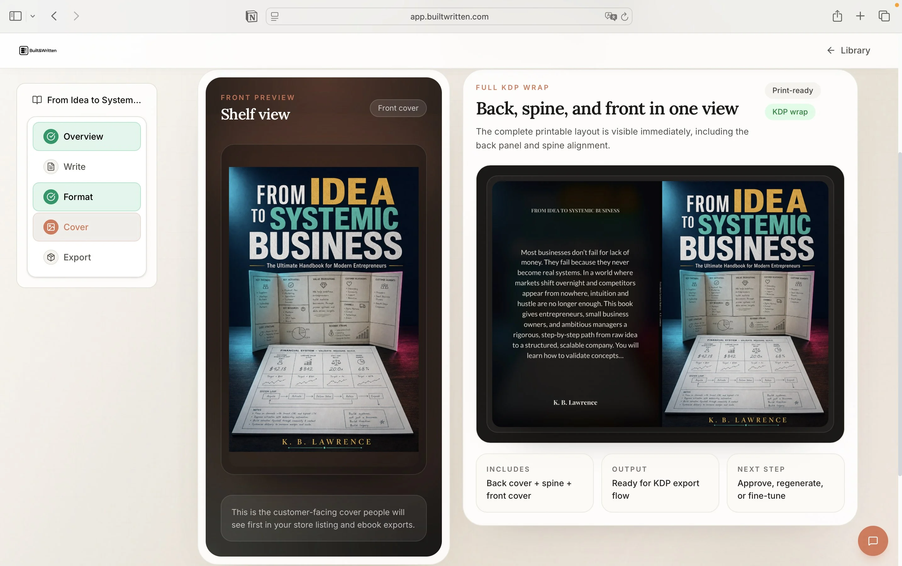 A finished print-ready book cover and full KDP wrap generated in Built&Written, including back panel and spine
