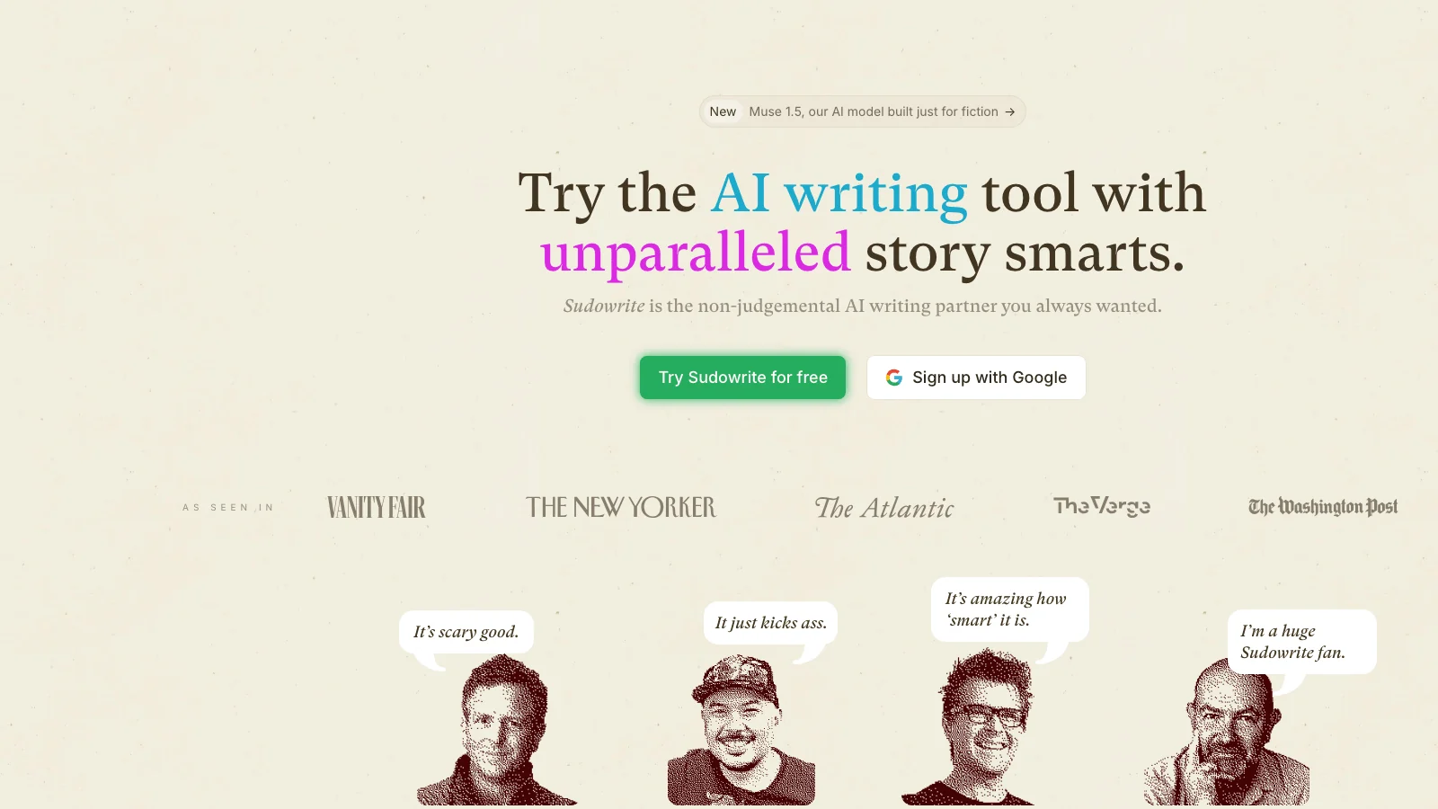 Sudowrite homepage showing fiction-focused AI writing