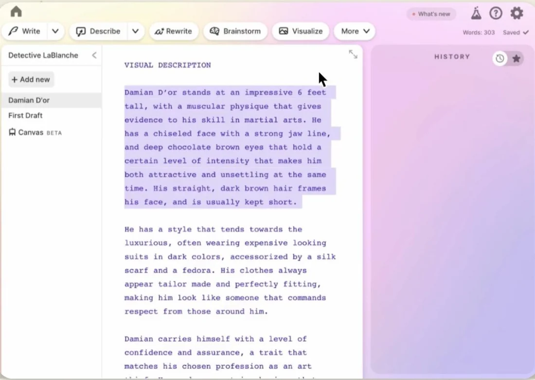 Sudowrite's Describe tool generating prose-level suggestions for a scene.