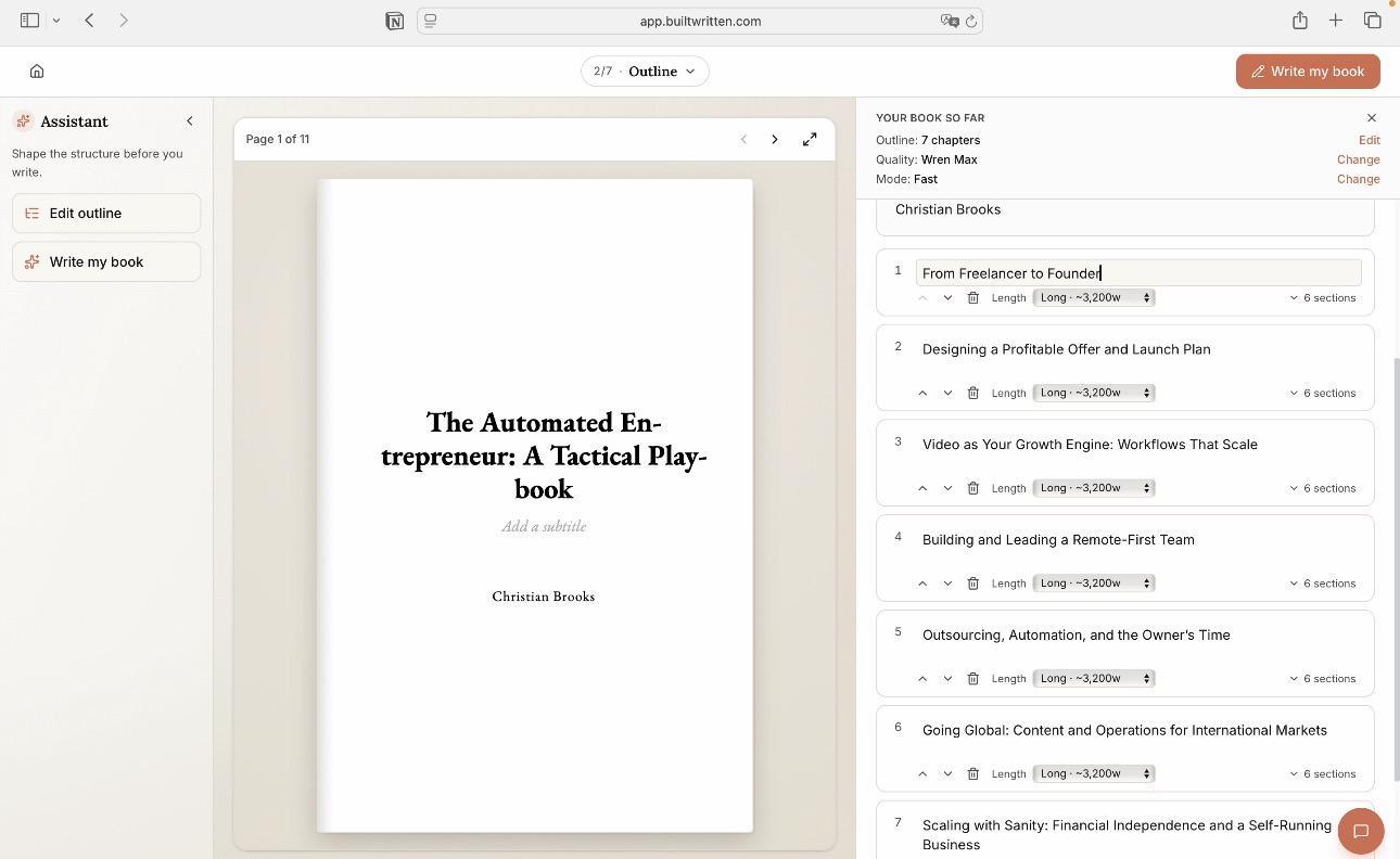 Wren's outline step in Built&Written, showing chapter titles, order, and length for a coaching book before drafting