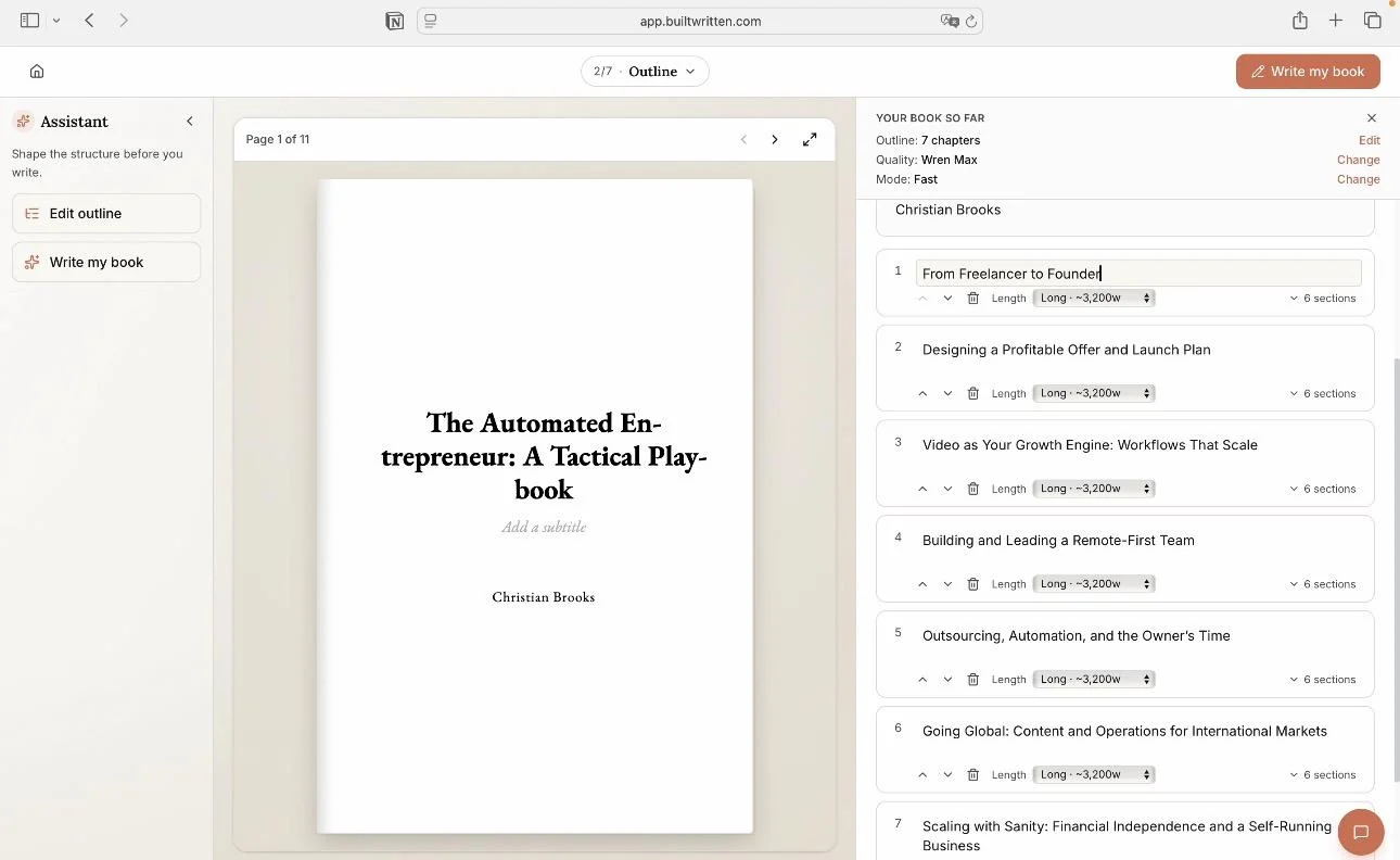 Wren's outline step in Built&Written, showing chapter titles, order, and length for a coaching book before drafting