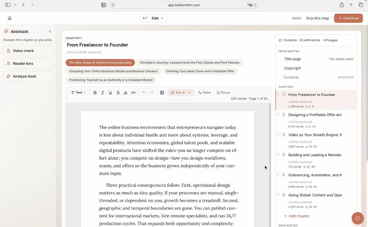 Wren's chapter editor in Built&Written with built-in voice, reader, and hook checks