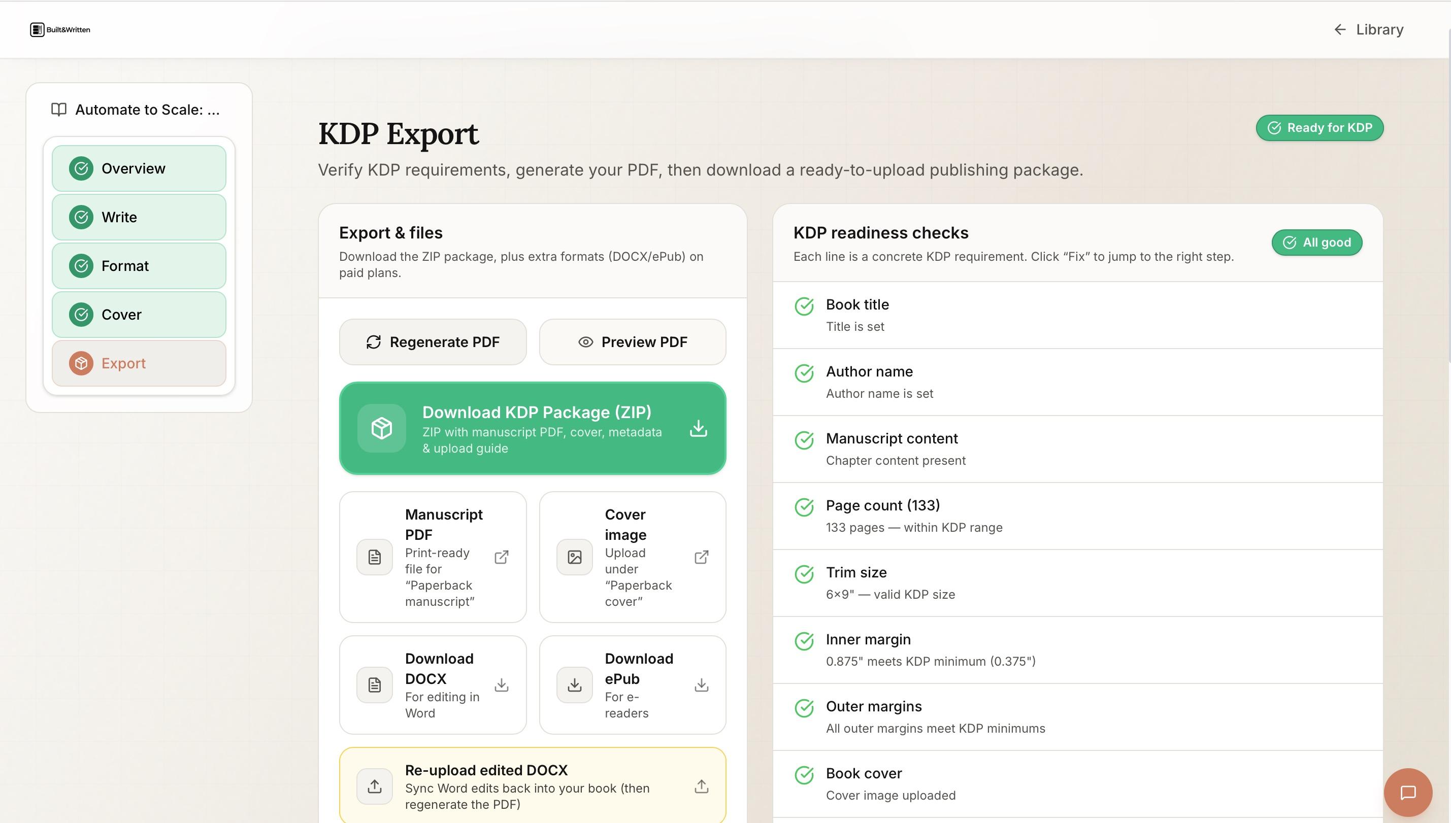 Wren's KDP Export screen in Built&Written with readiness checks and a ready-to-upload publishing package