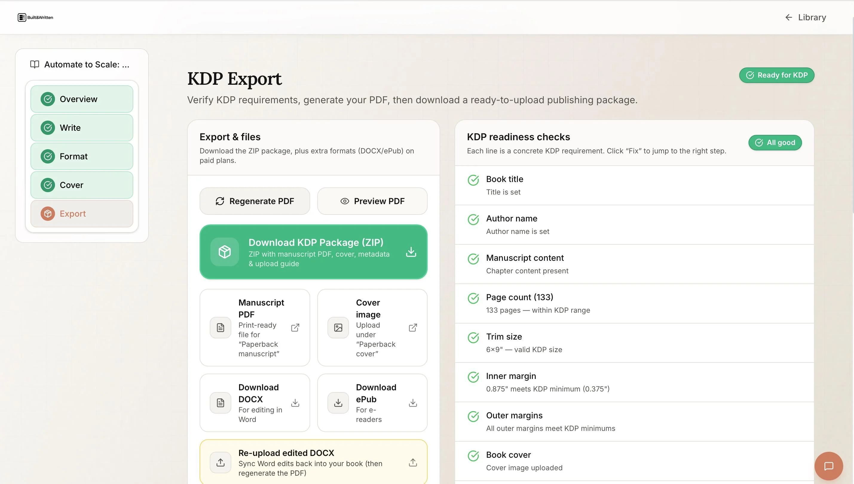Wren's KDP Export screen in Built&Written with readiness checks and a ready-to-upload publishing package