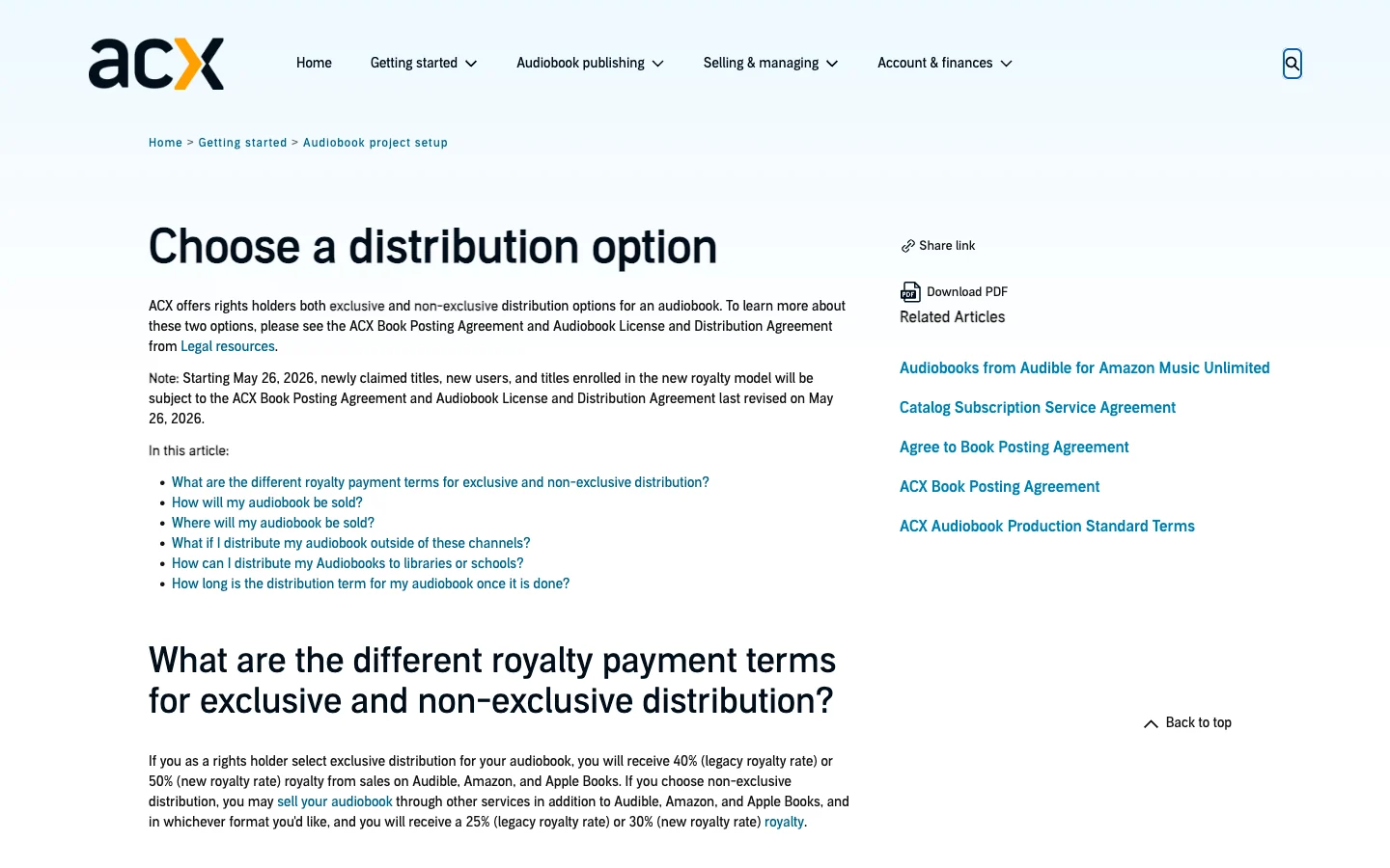 ACX help page showing exclusive versus non-exclusive distribution options and royalty rates