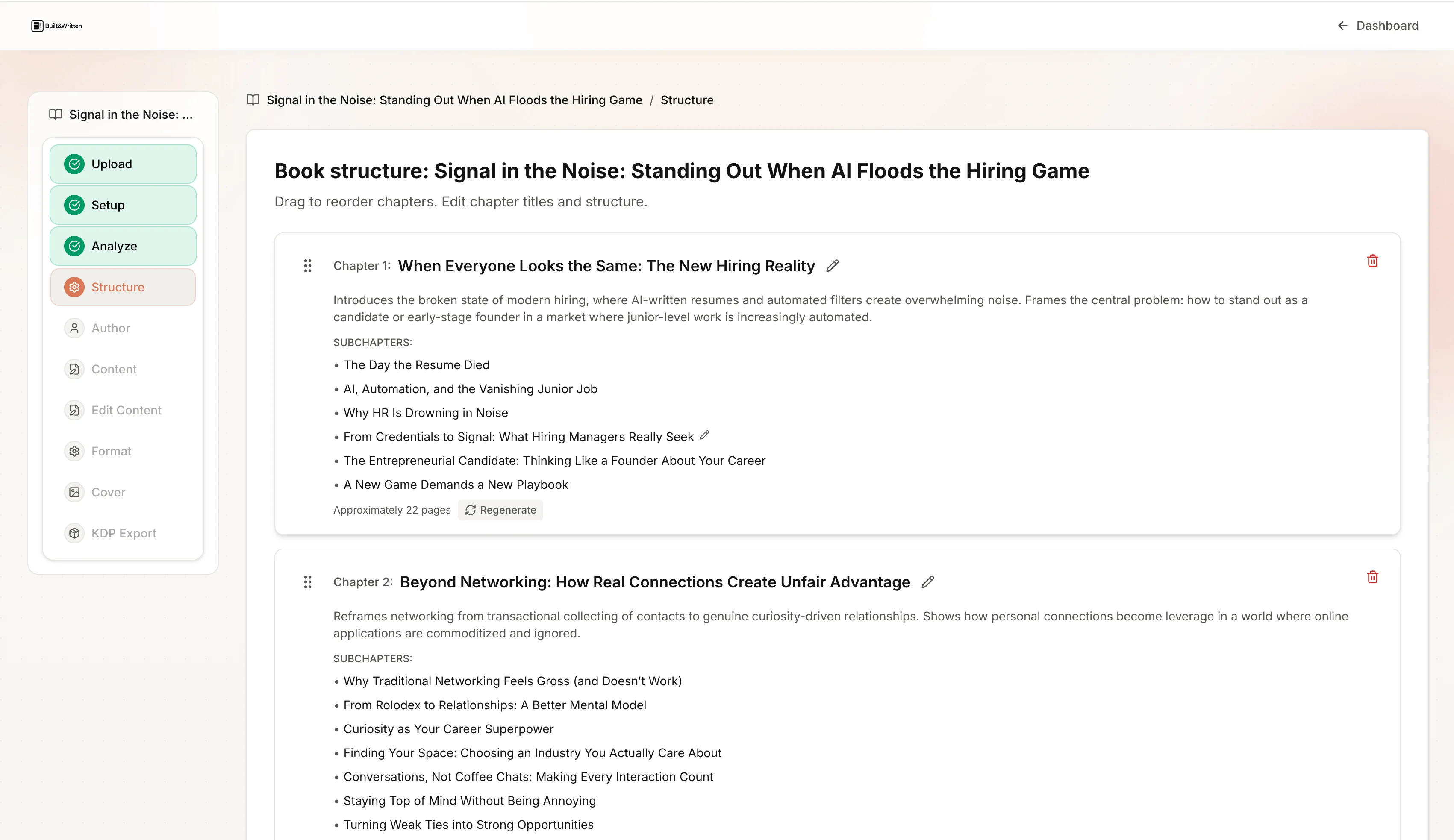 Built&Written editor assembling a finished coaching manuscript from pasted content with Voice DNA