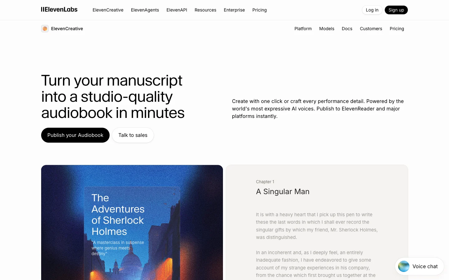 ElevenLabs audiobook production page showing AI voice narration for long-form books